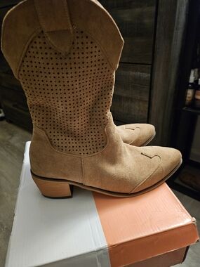Suede Tan Western Mid-Calf Boots - Women